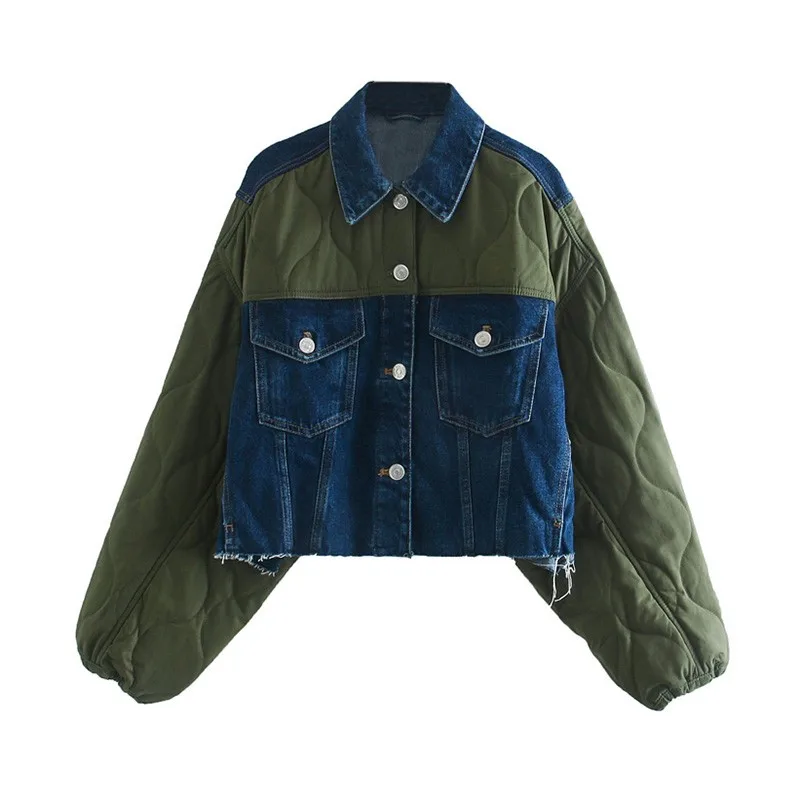 

Ladies Lapel Long-sleeved Oversized Coat Street Stitching Clothing Winter Patchwork Coat Retro Split Denim Coat 2023 New