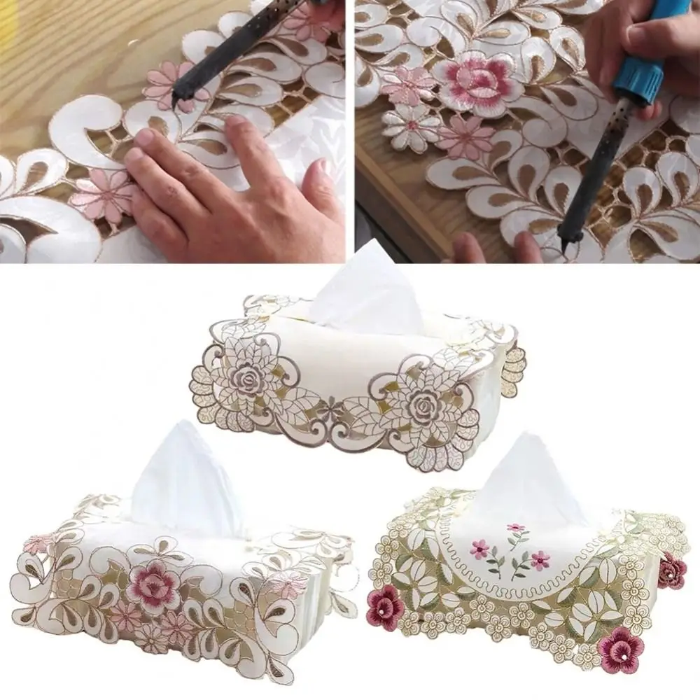 New Lace Fabric Tissue Box Cover Embroidery Vintage Table Tableclot Pastoral Style Hollow Table Runner Home Decor