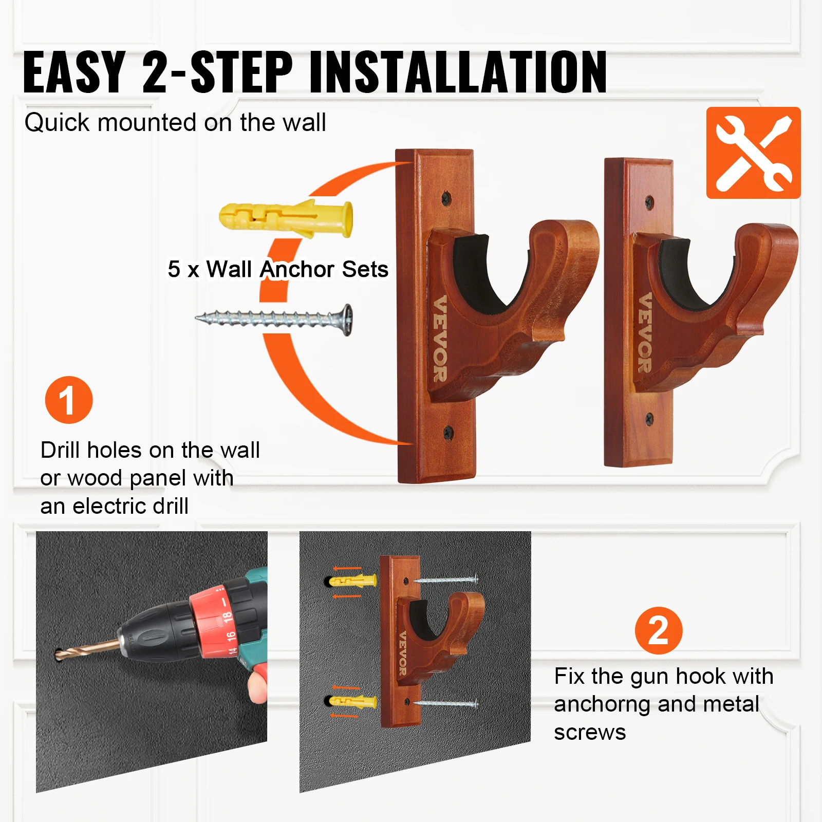 VEVOE Wall Mount Gun Rack Horizontal Gun Rack and Shotgun Hooks Single Storage Display Rifle Shotgun Holder up to 50lbs