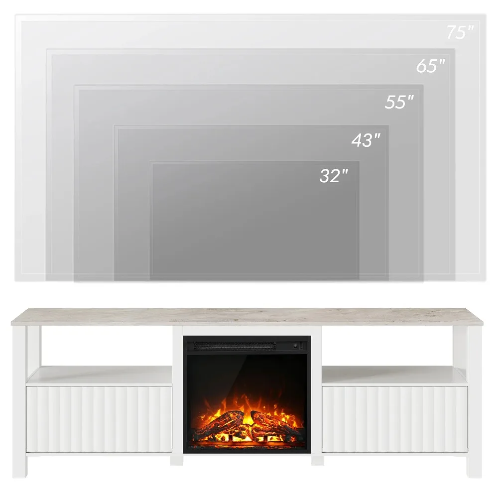 Modern LED Fireplace TV Stand for 75 Inch TV & 16 Color LED Light, Entertainment Center with Storage Cabinet, White Fireplace TV 6