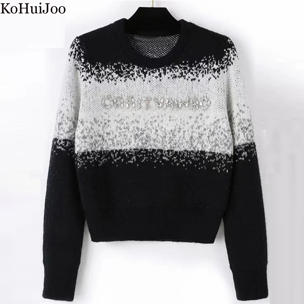 

Winter Women's Sweaters Luxury High Quality Diamond Patchwork Short Knitting Pullovers Ladies Korean Letter O Neck Jumpers