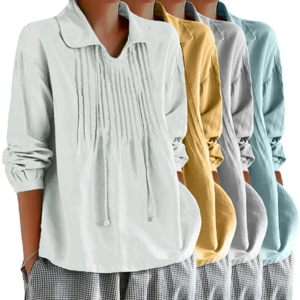 

Women Summer Top Spring Women's Pleated Pullover Shirt with Turn-down Collar Tassel Detail Casual Loose Soft Solid for Daily