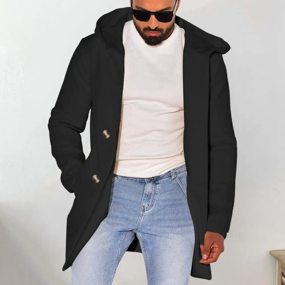 

Men Double-breasted Coat Solid Color Coat Thick Warm Men's Double-breasted Hooded Overcoat with Pockets Mid Length for Fall