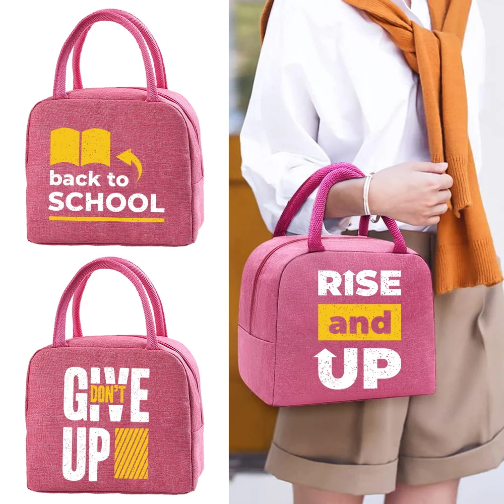 

Lunch Bag for Kids Women Cooler Bag Insulated Portable Canvas Phrase Print Thermal Food Container School Picnic Dinner Handbag