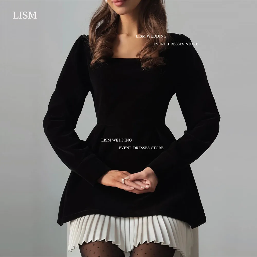 LISM 블랙 벨벳 화이트 A 라인 짧은 미니 이브닝 드레스, 전체 소매 로브, 모던 칵테일 드레스, 이벤트 2024 LISM 블랙 벨벳 화이트 A 라인 짧은 미니 이브닝 드레스, 전체 소매 로브, 모던 칵테일 드레스, 이벤트 2024