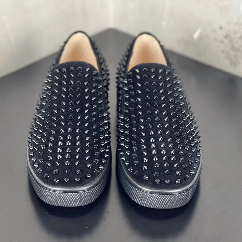 

High Quality Men's Brand Casual Shoes Designer Red Bottoms Slip in Shoes Black Suede Leather Rivet Loafers