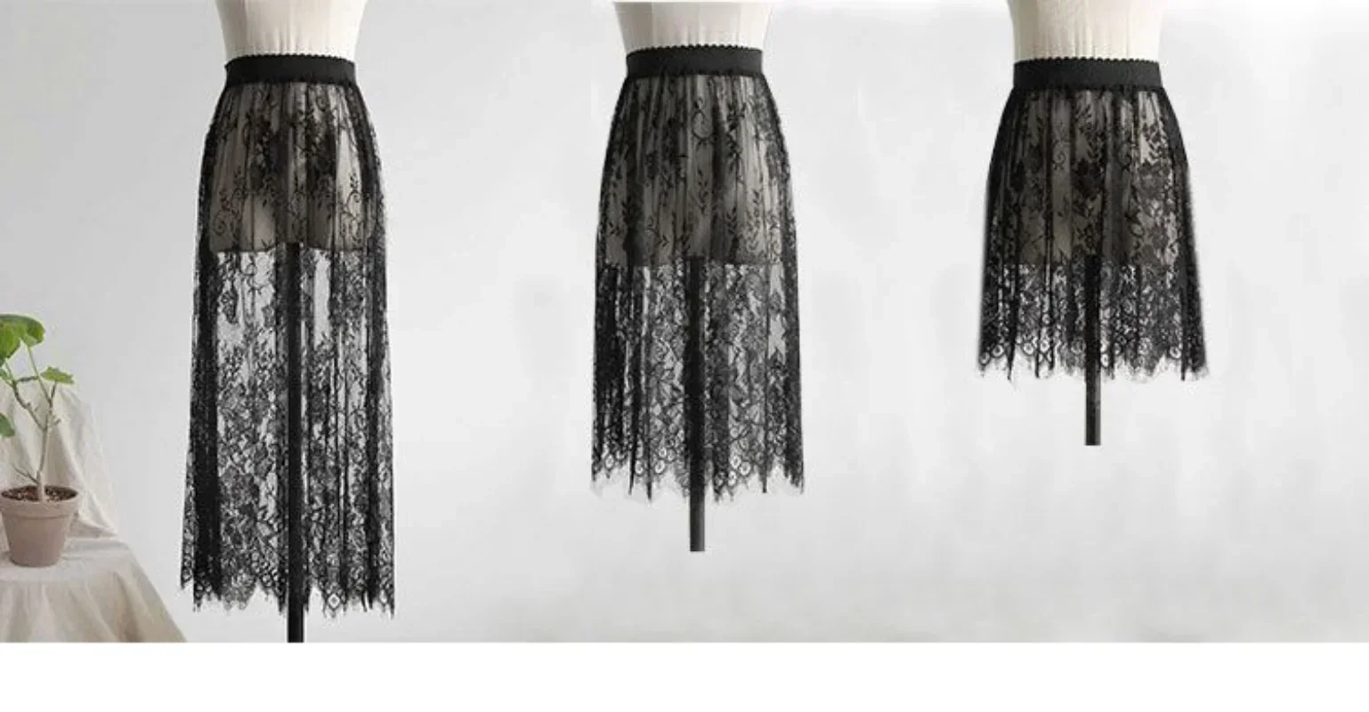 2 Length Elegant Black Skirt White Lace Transparent Long Tulle Skirt Ladies Elastic High Waist Beach Midi Skirt Drop shipping - Image 6