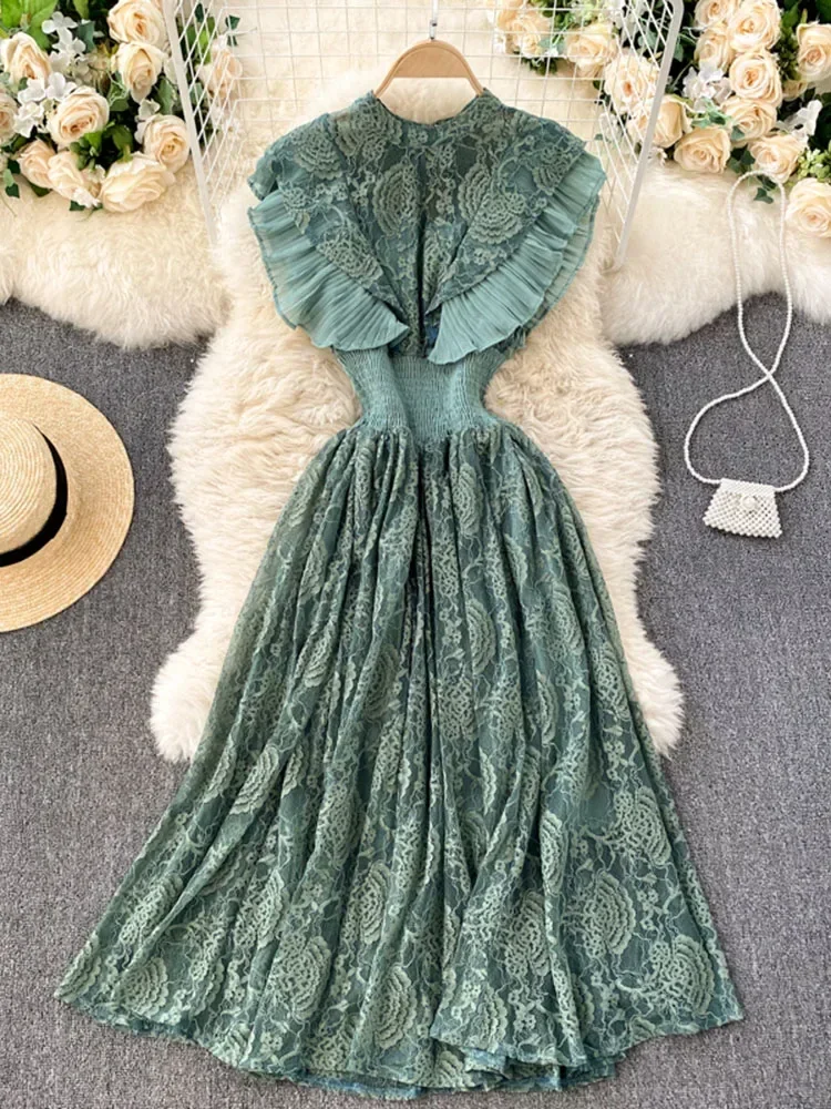 Summer Temperament Fashion Vestidos Women's French Elegant Pleated Ruffled  Waist and Thin Temperament Lace Midi Dress C416 - AliExpress 200000345
