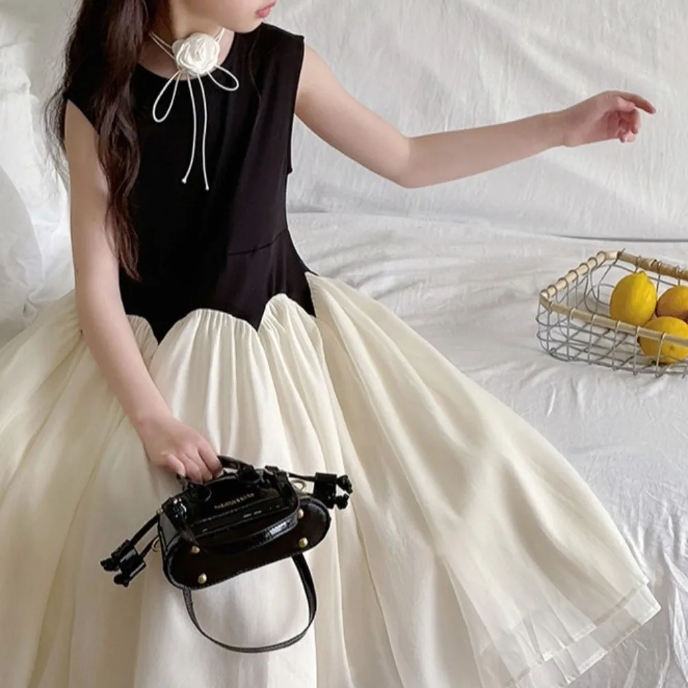 Round Neck Children Princess Dress Black White Sleeveless Kids Korean Long Dress Long Suspenders Girls Splicing Mesh Skirt