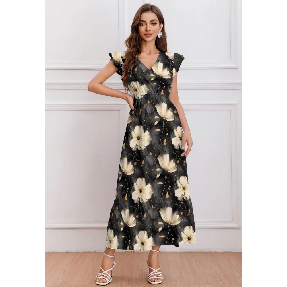 

Summer Woman V-Neck Short Sleeves Dress Clothing Women‘S Classy Dresses A-Line Skirts Crushed Flowers Print Clothing Streetwear