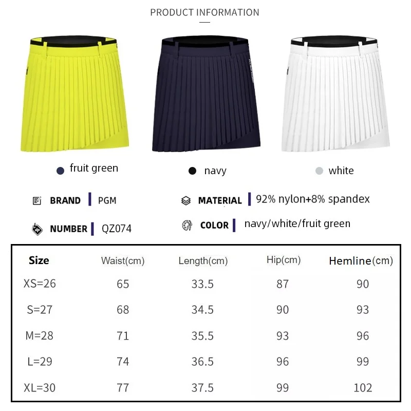 PGM Golf Skort Women Elastic Waistband Mid Waist Pleated Tennis Skirt with Safety Pant Breathable Sport Fabric for Summer