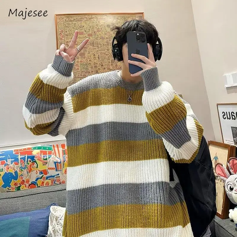 

Contrast Color Sweaters Men Winter Knitted Korean Preppy Style Striped Classic College Couple All-match Cozy Baggy Long Sleeved