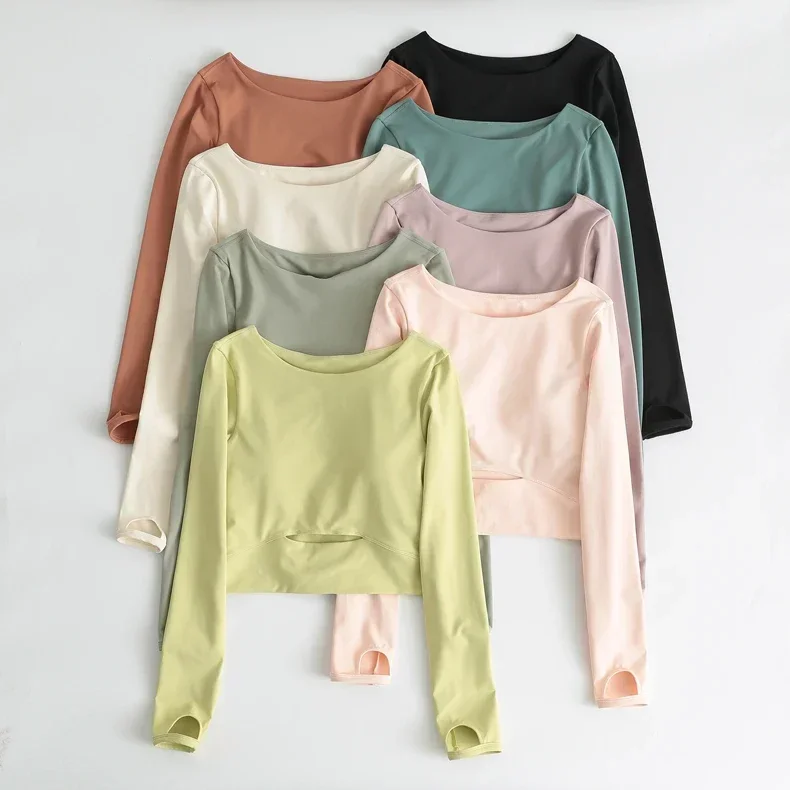 

With Logo Workout Tops for Women Yoga Top With Chest Pad Exposed Navel Sports Long Sleeve Fitness T-Shirt Outdoor Cycling Tights