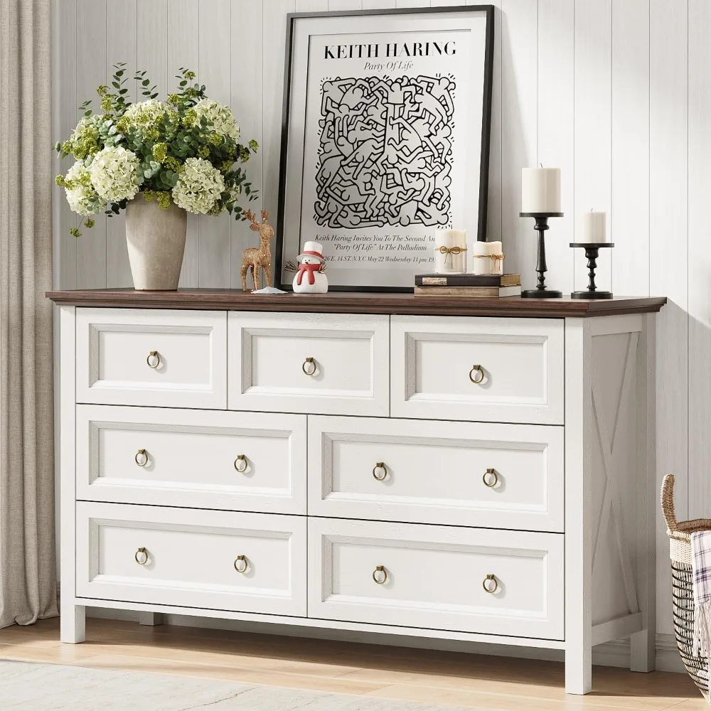 54'' Farmhouse 7 Drawer Dresser for Bedroom, Rustic White Dresser with Barn-Door Design, Spacious Tabletop & Round Brass Handles 1