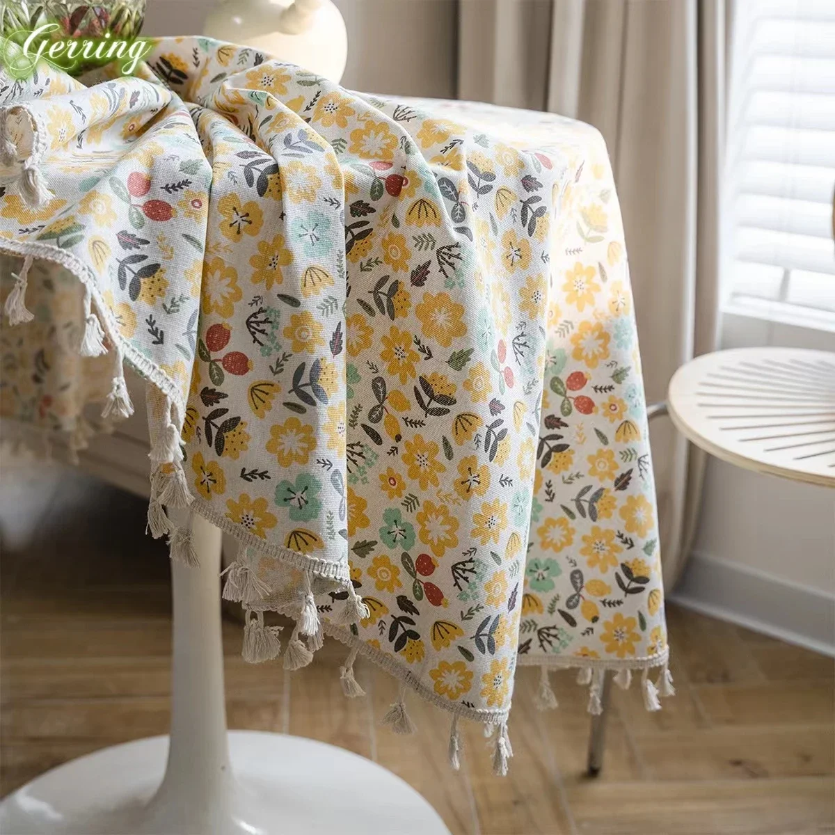 

Gerring Round Birthday Tablecloth Striped Vintage Printed Fabric Table Cover Flower Christmas Round Coffee Table Cover