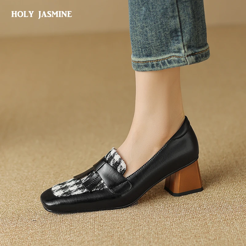 

NEW Spring Women Shoes Square Toe High Heels Genuine Leather Chunky Heel Women Pumps Retro Cotton Fabric Lattice Shoes for Women