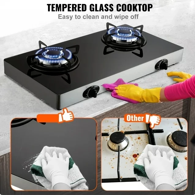 BENTISM Gas Cooktop Tempered Glass Countertop Cooktop 28" Max 10100BTU 2 Burners 5