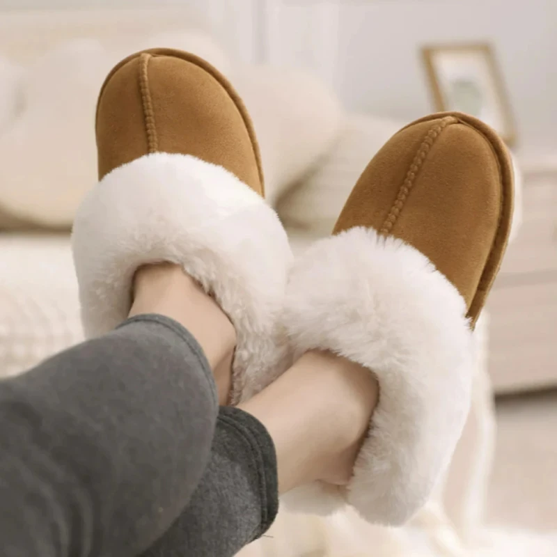 Crestar Women Fashion Fur Suede Slipper High Quality Fluffy Plush Faux Fur Soft Slippers Winter Indoor Home Cozy Cotton Slippers