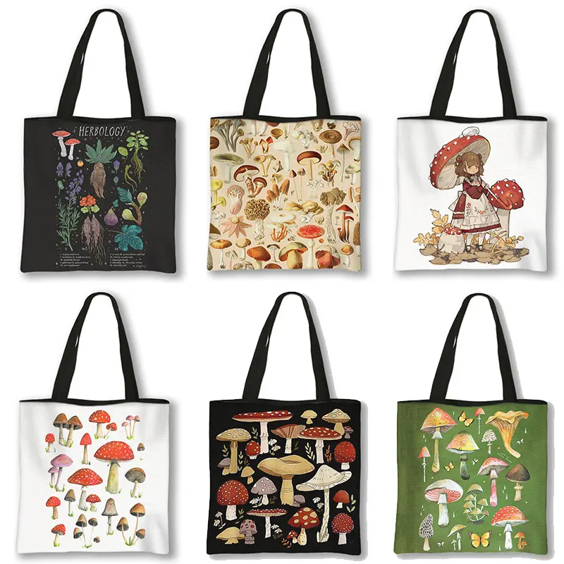 Klassische Pilz Herbology Handtasche Harajuku Kawaii Cartoon Comic Mädchen Brief Druck Einkaufstaschen Mehrweg Leinwand Tote Tasche Geschenk