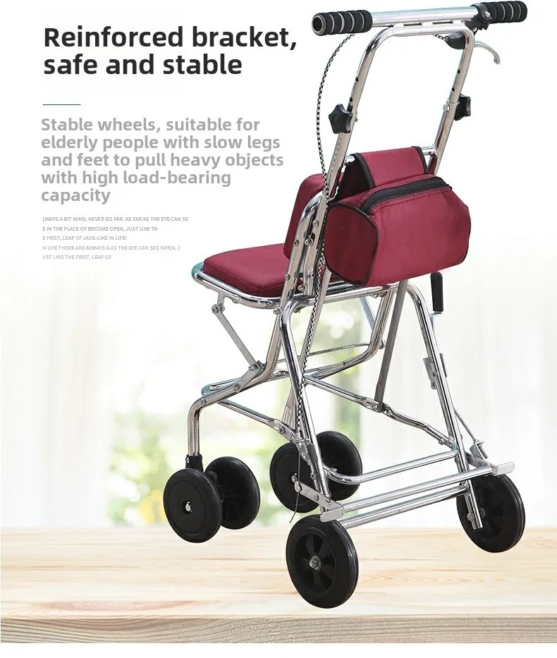 Portable household elderly scooter folding shopping seat can sit four wheels to buy food trolley pull the cart 4
