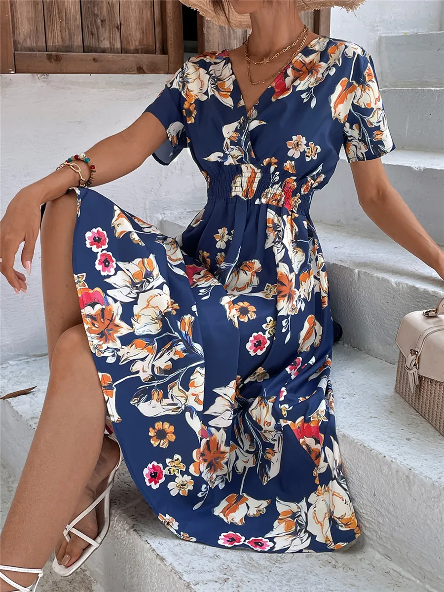 

Fashion Summer Dresses 2024 for Women Midi Long Dress Short Sleeve Female Elegant Chic Clothing Floral Holiday Clothes