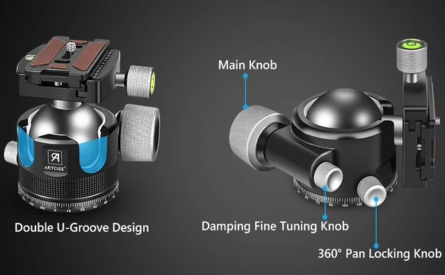 FUNNING- rotule à 360 K18A trépied rotule en alliage d'aluminium 360