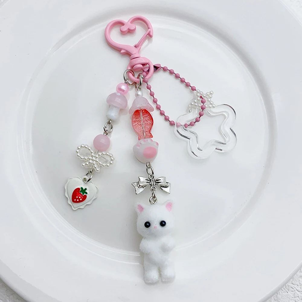 Portachiavi Rosa Sfocato A Forma Di Gatto Con Fiocco Cuore – Accessorio Y2K Per Ragazze