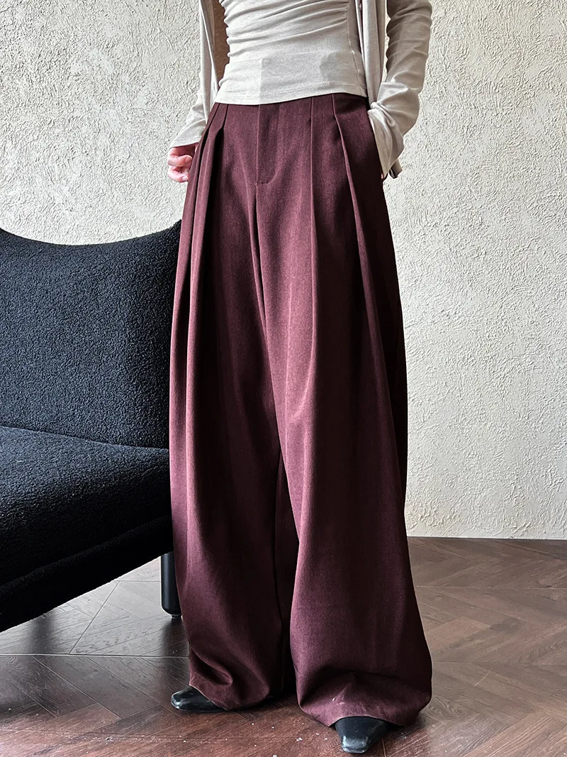 [LANMREM] Pleated High Waist  Wide Leg Pants For Women Solid Straight Office Lady Loose Trousers Female 2025 Autumn New 26C291