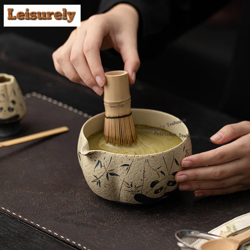 Firestone Red Matcha Eight-piece Set With Gold-emed Panda Ceramic Tea Bowl, Whisk Stand, Baibenli,ornaments Accessories Supplies