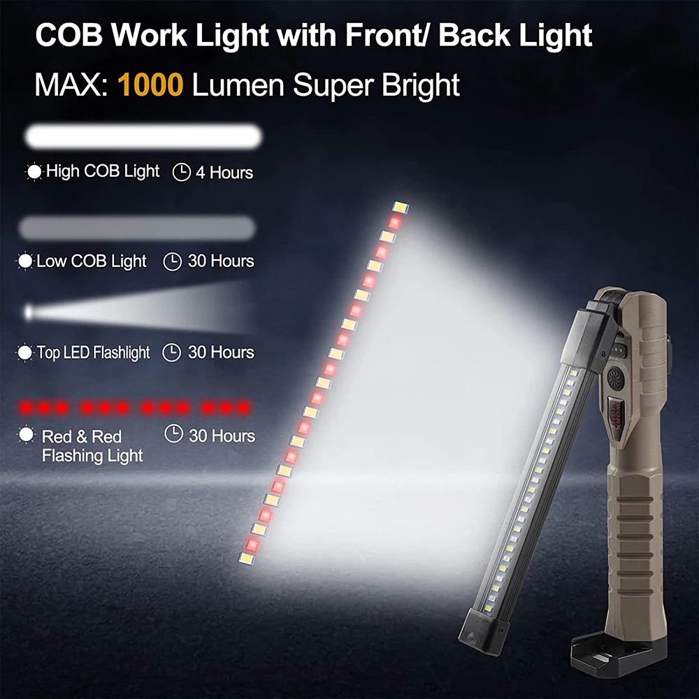 Rechargeable LED Work Light 1000 Lumens COB Work Lights with Power Capacity Indicator Handled Flashlights for Outdoor Car Repair led flashlight led work light work light