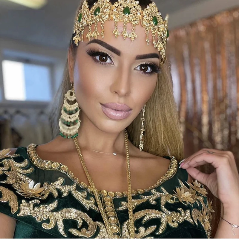 Water Drop Crystal Bridal Hair Chain Colorful Rhinestone Algerian Women Gold Plated Hair Jewelry Big Tiaras and Crowns