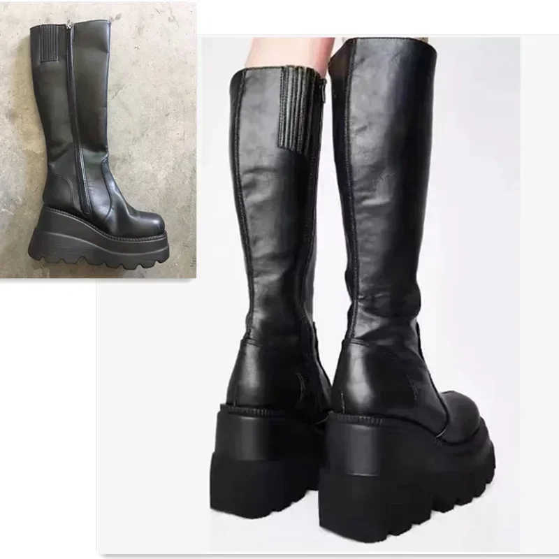 Punk Women Platform Boots Elastic Microfiber Chunky Heel Mid-calf Ladies Boots 2025 Spring Autumn