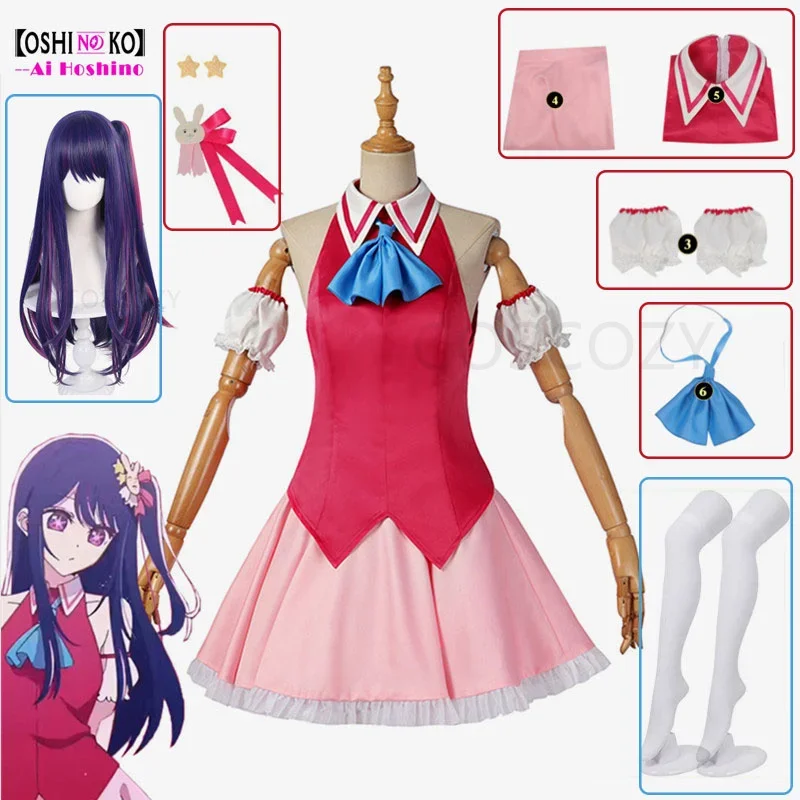 Disfraz de Cosplay Ai Hoshino Oshi No Ko para mujer, vestido rojo con horquilla de conejo, traje de fiesta para eventos, novedad