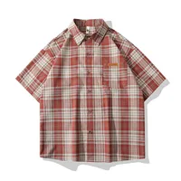Men'S Loose Plaid Short Sleeved Shirts Casual Linen Button Down Oversized Shirt Harajuku Luxury Comfort Brand Male Shirts 1
