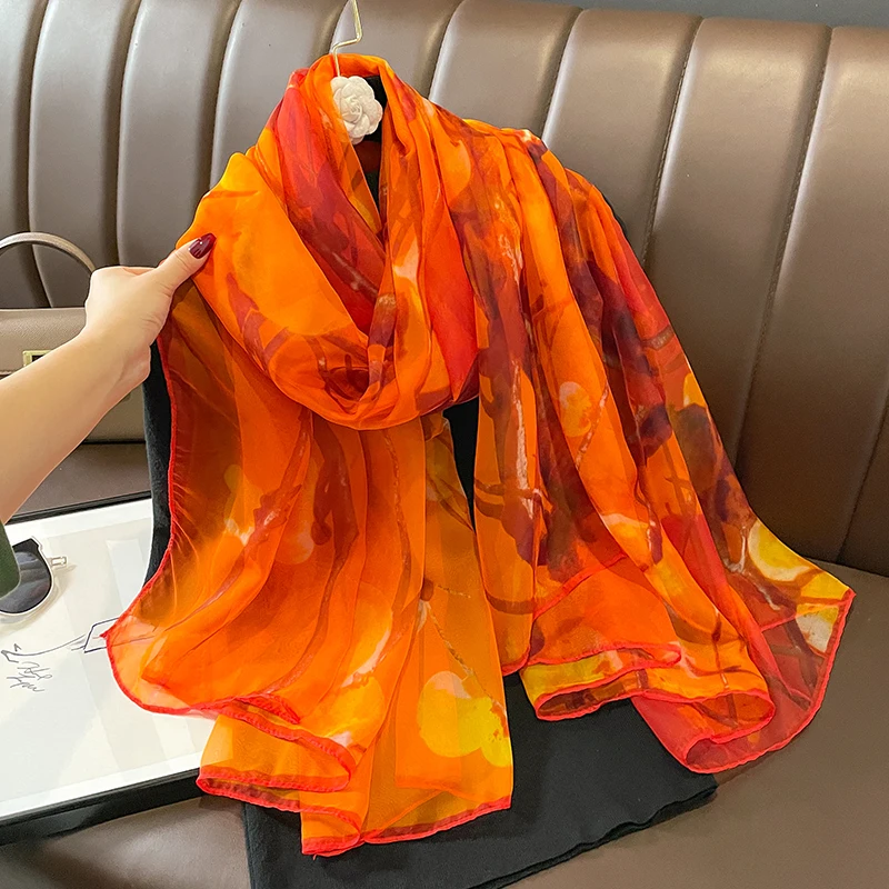 

Spring Summer Women Travel Sun Resistance Persimmon Tree Printed Shawl Thin Soft Long Silk Foulard Gauzy Chiffon Scarf
