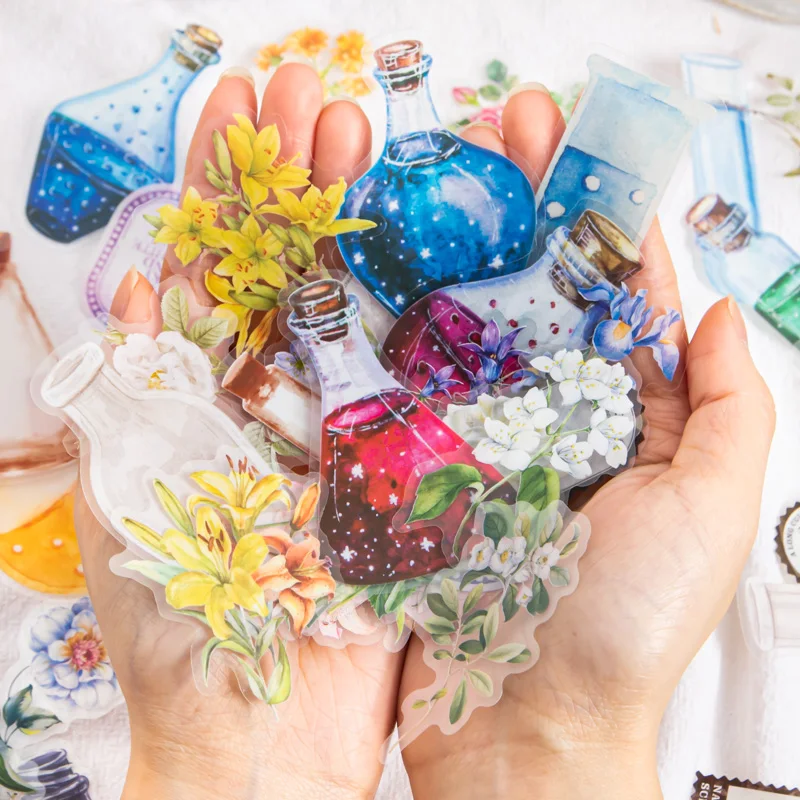 20 pcs PET Flowers bottle Stickers aesthetic Decorative collage Scrapbooking Diary Album Stationery junk journal supplies