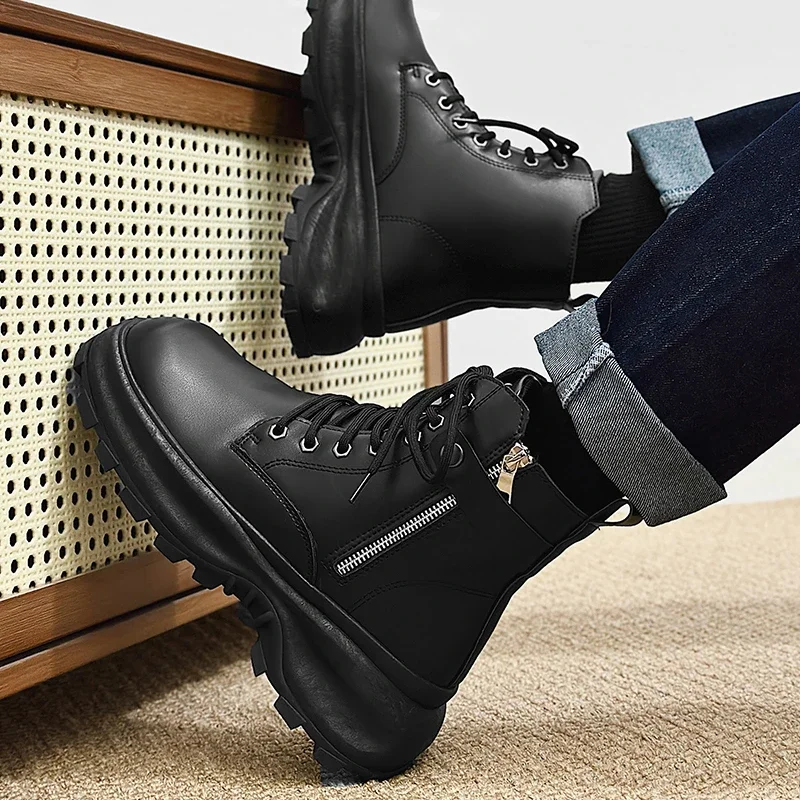 New Men's Winter High Top Casual Work Boots Thick Bottom Non Slip Business Casual Leather Boots Army Boots Zapatos Hombre
