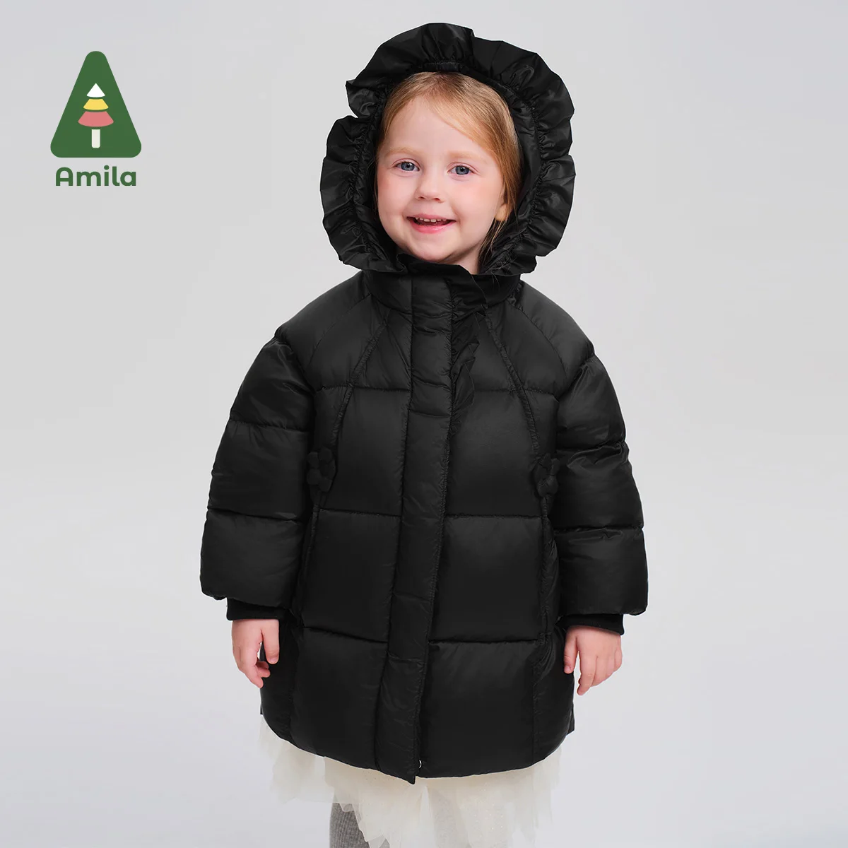 Amila Down Jacket New Winter New Style Girls Chinese Style Flower Design Hooded White Duck Down Mid-Length Children's Coat