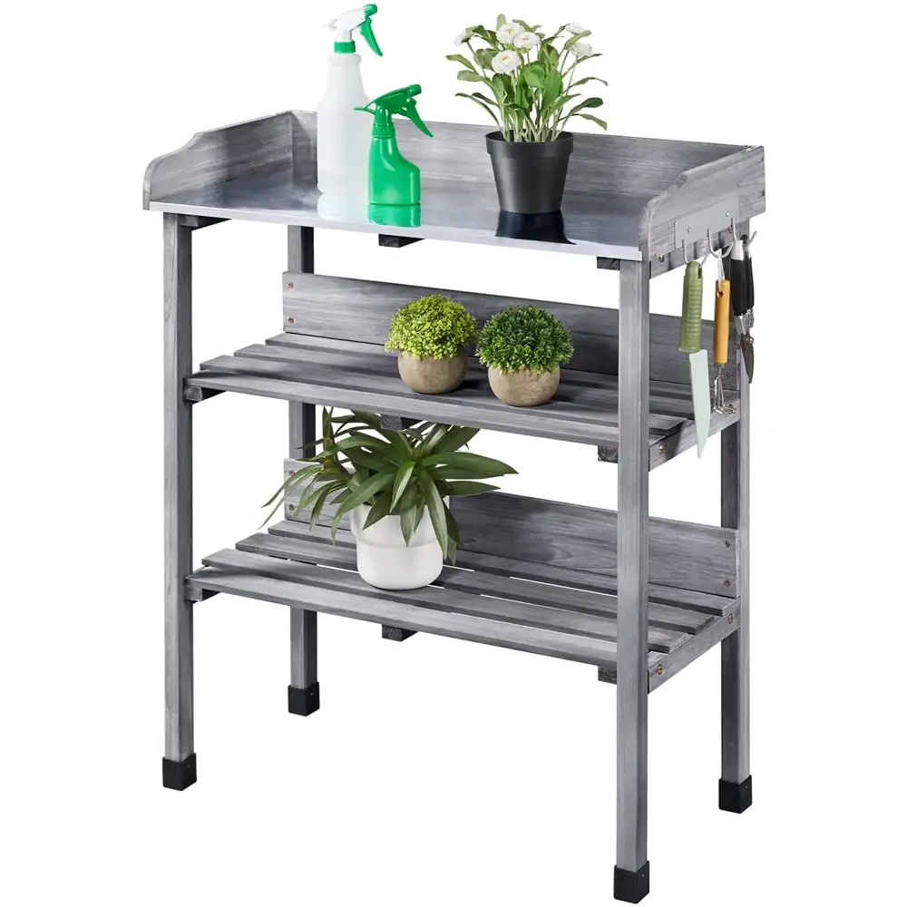 Gray Wooden Outdoor Potting Bench Table Gardening Work Station With Storage Shelf And Hooks Backyard Planting Work Table For Patio Yard