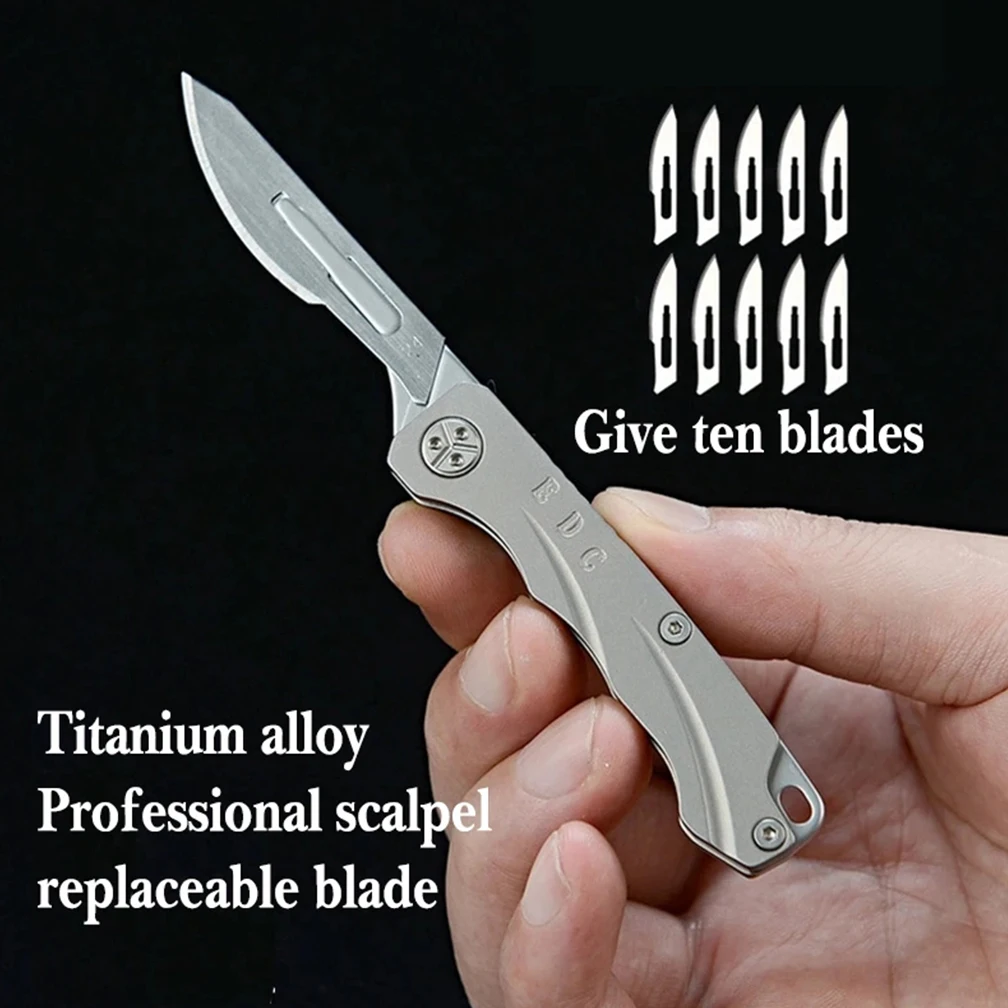 Mini Titanium Alloy Folding Scalpel Medical Folding Knife EDC Outdoor Unpacking Pocket Knife with 10pcs Replaceable Blades