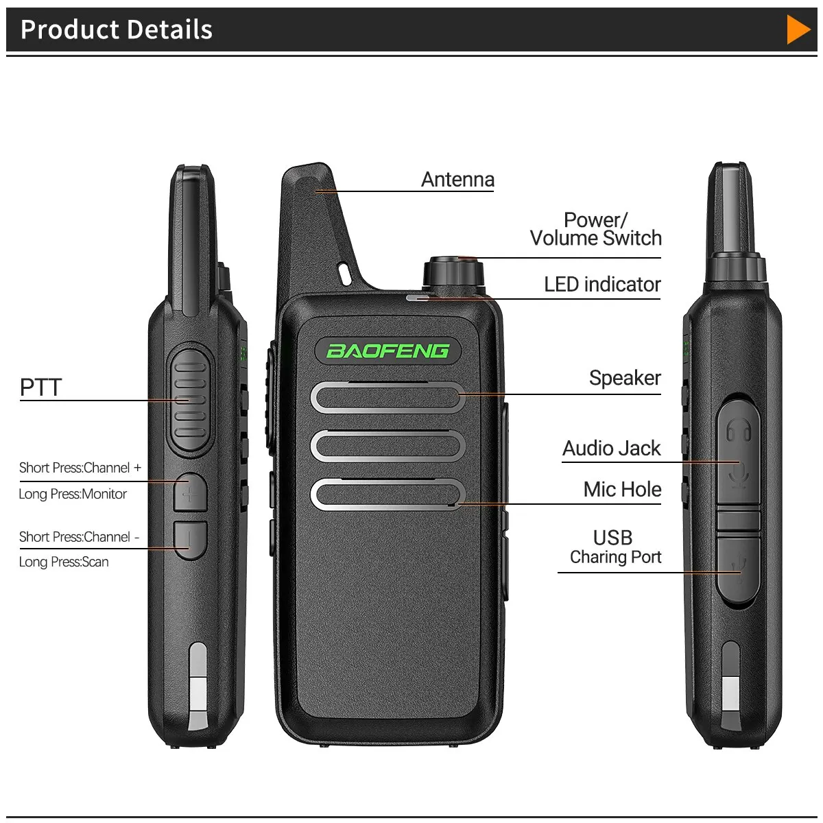 2PCS Mini Walkie Talkie Baofeng BF-T20 PortableTwo Way Radio Charging USB VOX For BF-C9 BF-888S KD-C1 for Station Hotel Hunting 2
