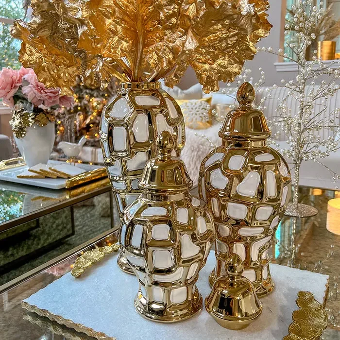 

Electroplated Gold Plaid Ceramic Vase with Lid European Classic Luxury Large Floor Vases Storage Jars Living Room Decoration