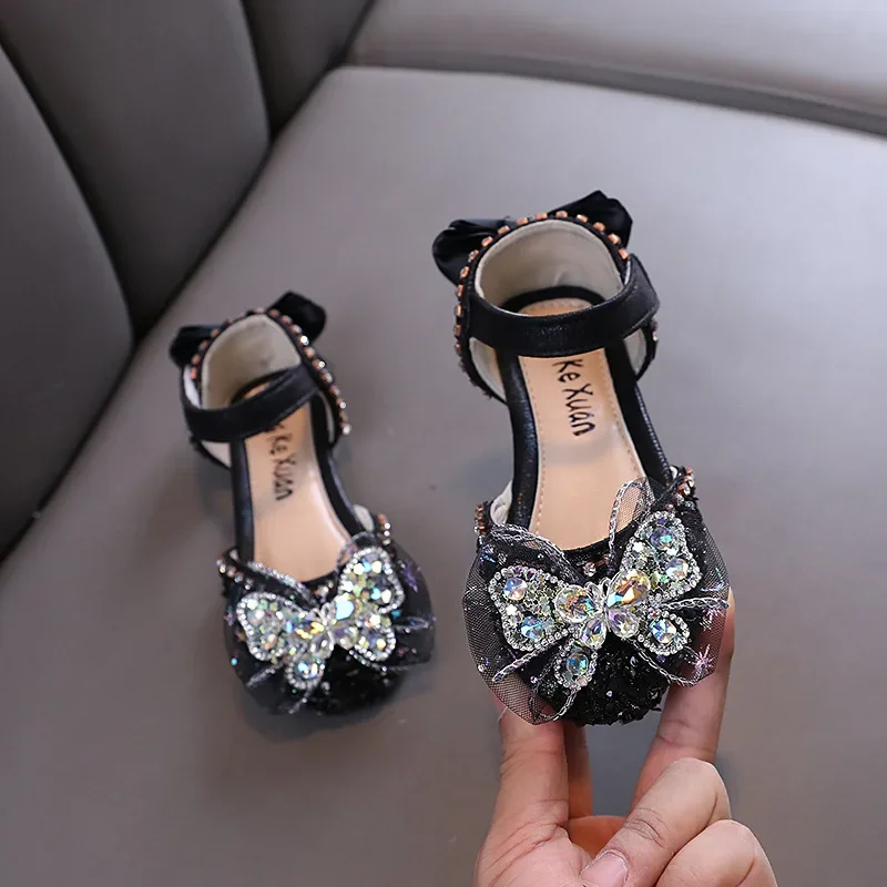 2024 New Kids Leather Shoe Sweet Chic Girl Princess Dress Flat Sandals Causal Versatile Children Fashion Walking Shoes Non-slip 3
