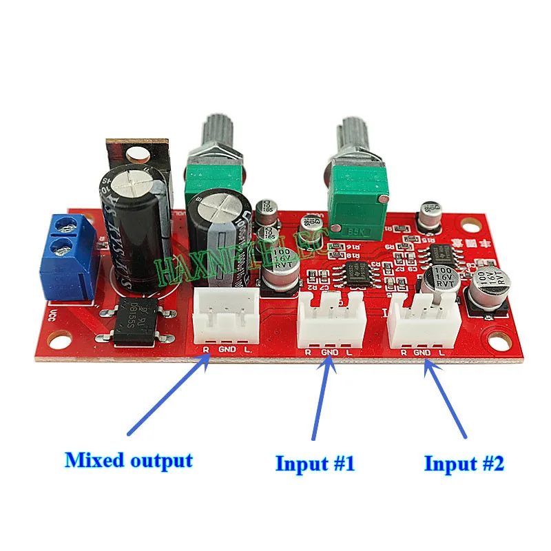 Two channel stereo audio signal mixer NE5532 preamplifier mixing board 2 way input 1 way mix output AC/DC single power supply pre amplifier