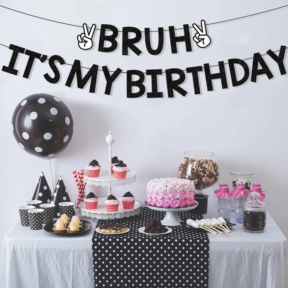 Sursurprise Bruh It’s My Birthday Banner - Black Paper Decor | Teen Boy Party Supplies | Birthday Backdrop & Photo Prop