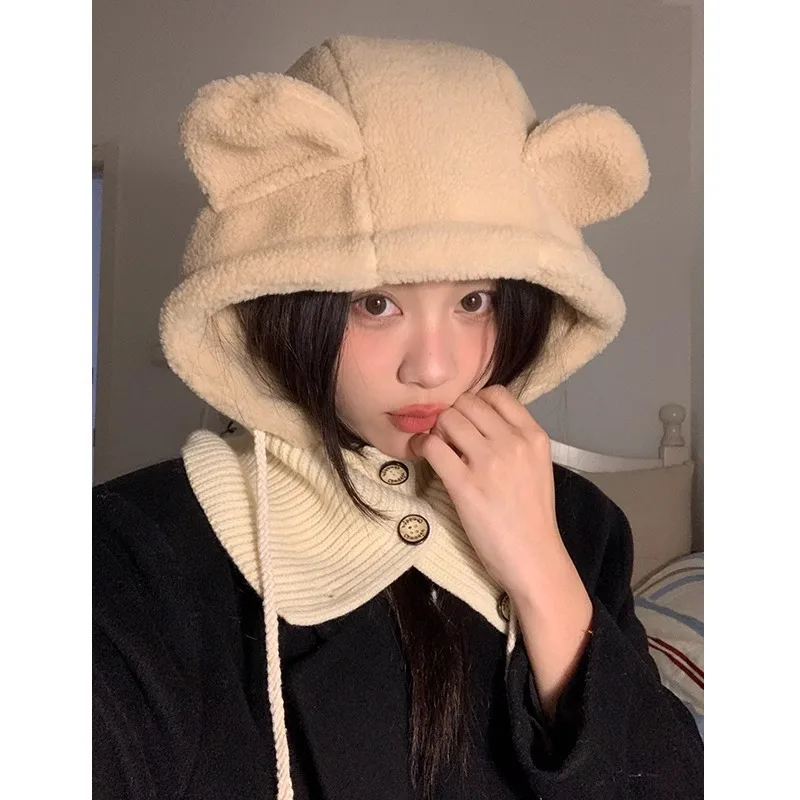 

Korean Version of Bear Ears Scarf Integrated Balaclava Hat Women's Winter Solid Color Cute Lace-up Neck Guard Knitted Beanie Cap