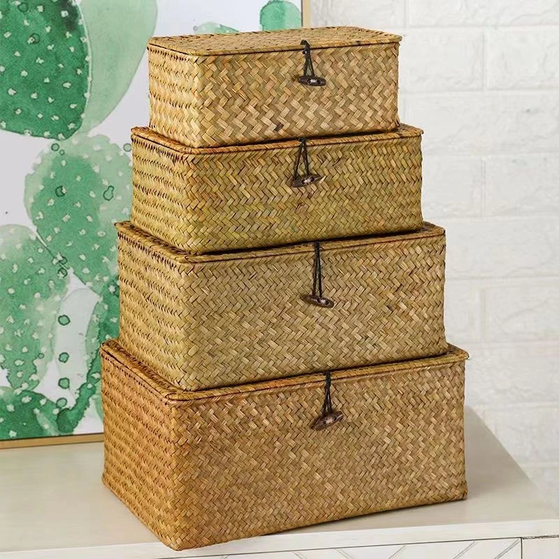 Shelf Baskets with Lid Set of 3 Handwoven Seagrass Storage Box Wicker Basket Desktop Makeup Organizer Multipurpose Container 5