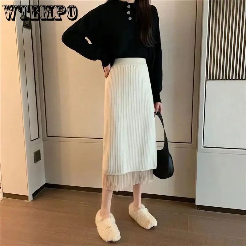 

Knitted Split Hem Skirt Mesh Stitching Design Mid Length A-line Wrap Hip Skirt Women's Gentle Style Office Lady Autumn Winter