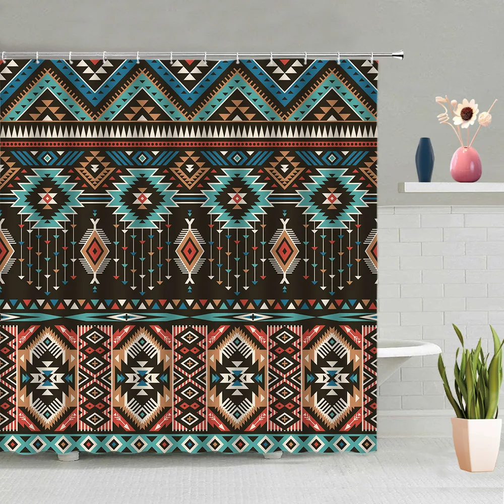 

Занавеска для душа Aztec в стиле ретро, цветной этнический декоративный комплект в стиле бохо для ванной комнаты, Юго-Западного, Навахо, абстрактная геометрическая форма