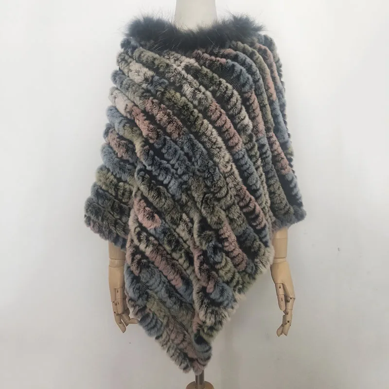 

Women Knitted Loose Real Rex Rabbit Fur Poncho With Raccoon Fur Trimming Fashion Long Genuine Fur Cape Female Rabbit Fur Shawl